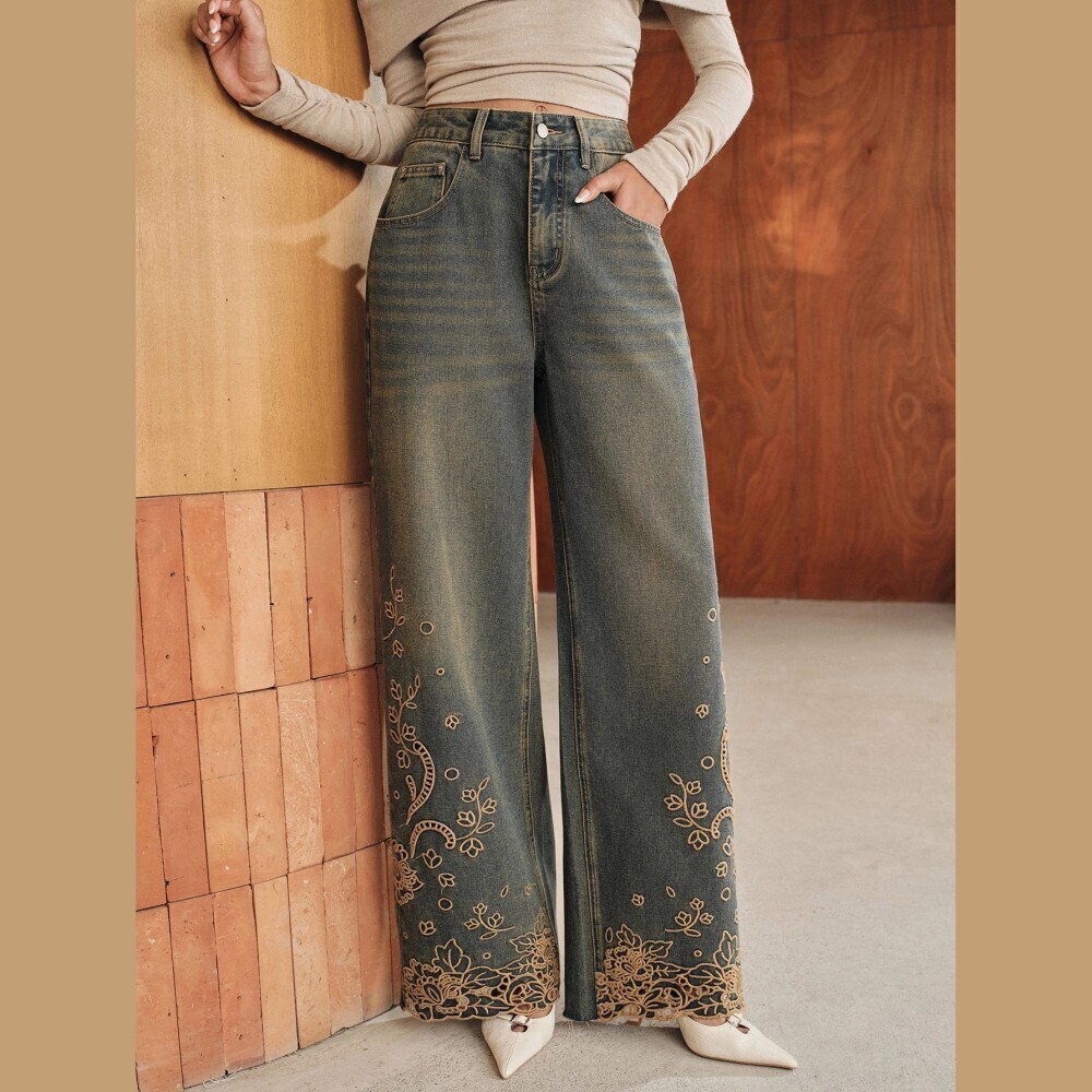 Faded Blue Wash Floral Embroidered Wide Leg Denim Jeans
